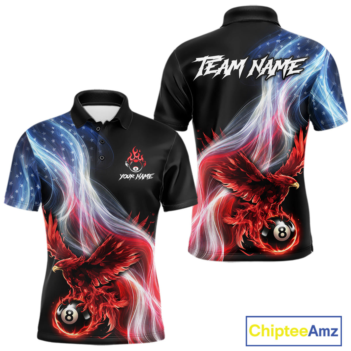 Red Flames Eagle Pool 8 Ball Men's Billiard Shirt Custom US Flag Smoke Billiard League Attire NYN2547