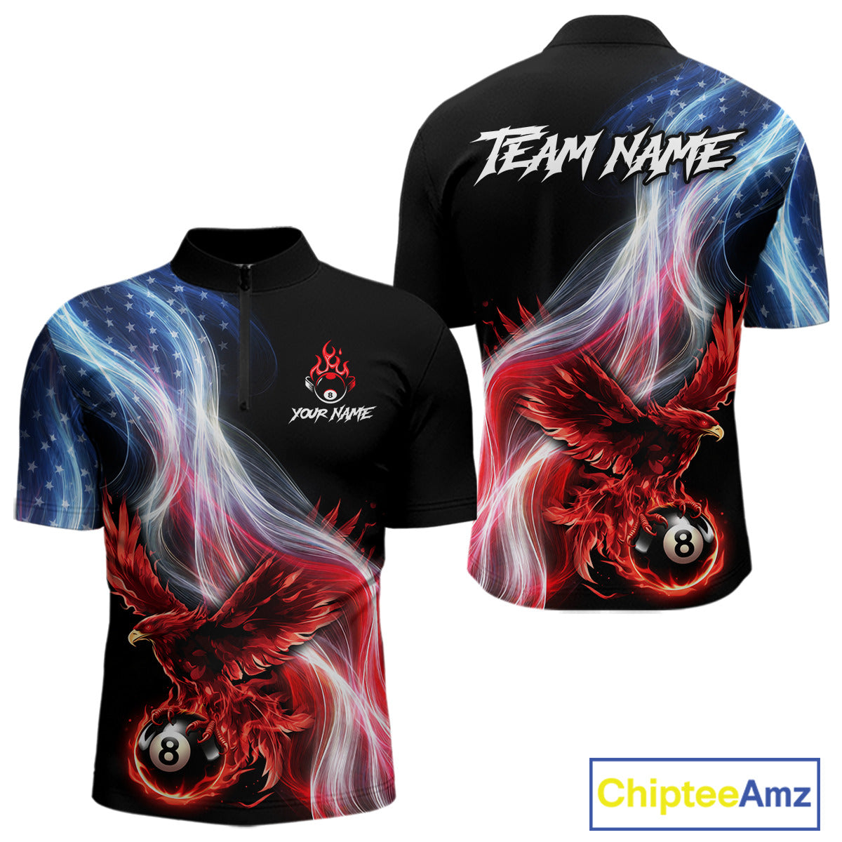Red Flames Eagle Pool 8 Ball Men's Billiard Shirt Custom US Flag Smoke Billiard League Attire NYN2547