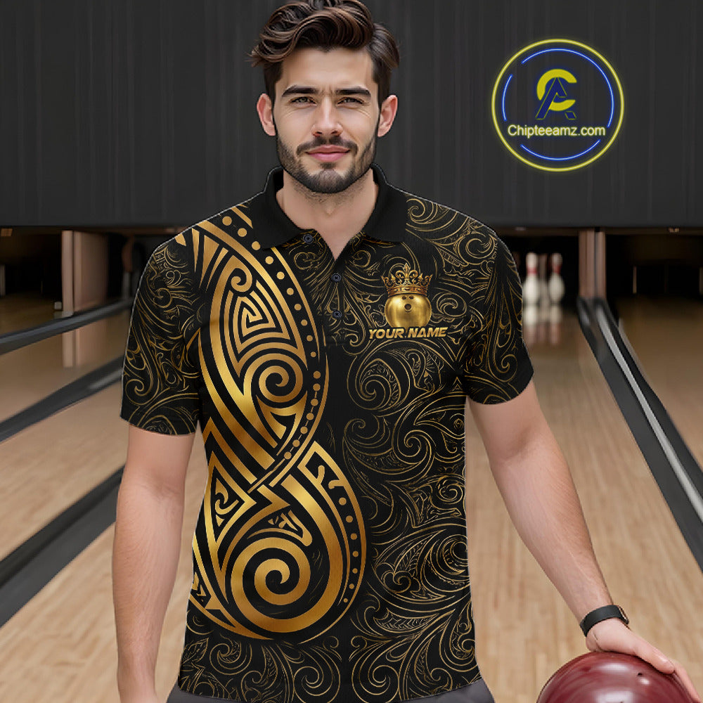 Black And Gold Crown Bowling Ball Polo & 1/4-Zip Shirts For Men Custom Tribal Bowling Team Jerseys NYN3124