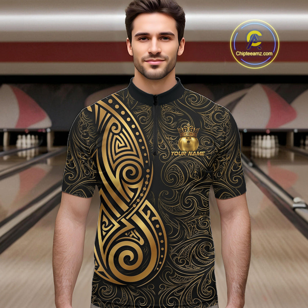 Black And Gold Crown Bowling Ball Polo & 1/4-Zip Shirts For Men Custom Tribal Bowling Team Jerseys NYN3124