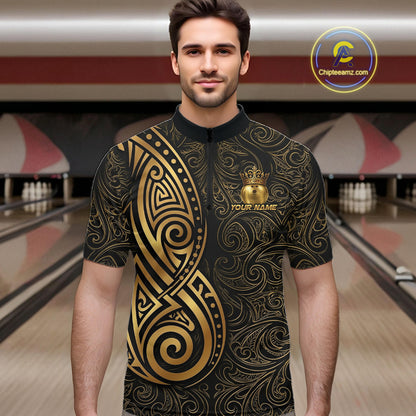 Black And Gold Crown Bowling Ball Polo & 1/4-Zip Shirts For Men Custom Tribal Bowling Team Jerseys NYN3124