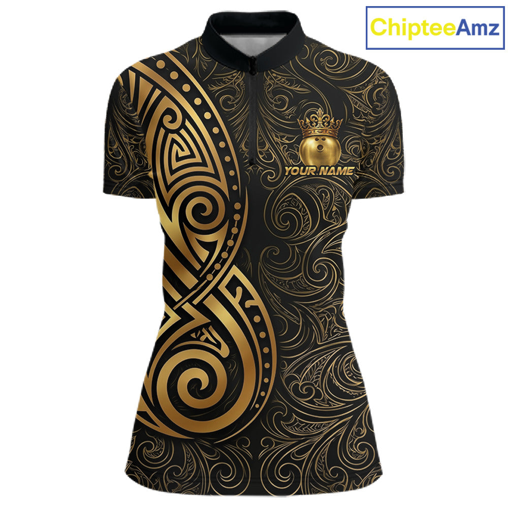 Black And Gold Crown Bowling Ball Polo & 1/4-Zip Shirts For Women Custom Tribal Bowling Team Jerseys NYN3124