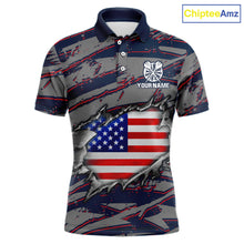 Load image into Gallery viewer, Blue and Red American Flag men's darts polo shirt, patriotic dart jersey, custom dart team uniform, USA flag dartboard apparel, personalized darts polo, professional darts team clothing