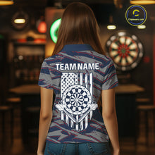 Load image into Gallery viewer, Female darts player wearing Blue and Red American Flag dart jersey, patriotic darts apparel, personalized dart team shirt, tournament darts outfit