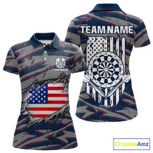 Load image into Gallery viewer, Blue and Red American Flag women's darts polo shirt, patriotic dart jersey, custom dart team uniform, USA flag dartboard apparel, personalized darts polo, professional darts team clothing