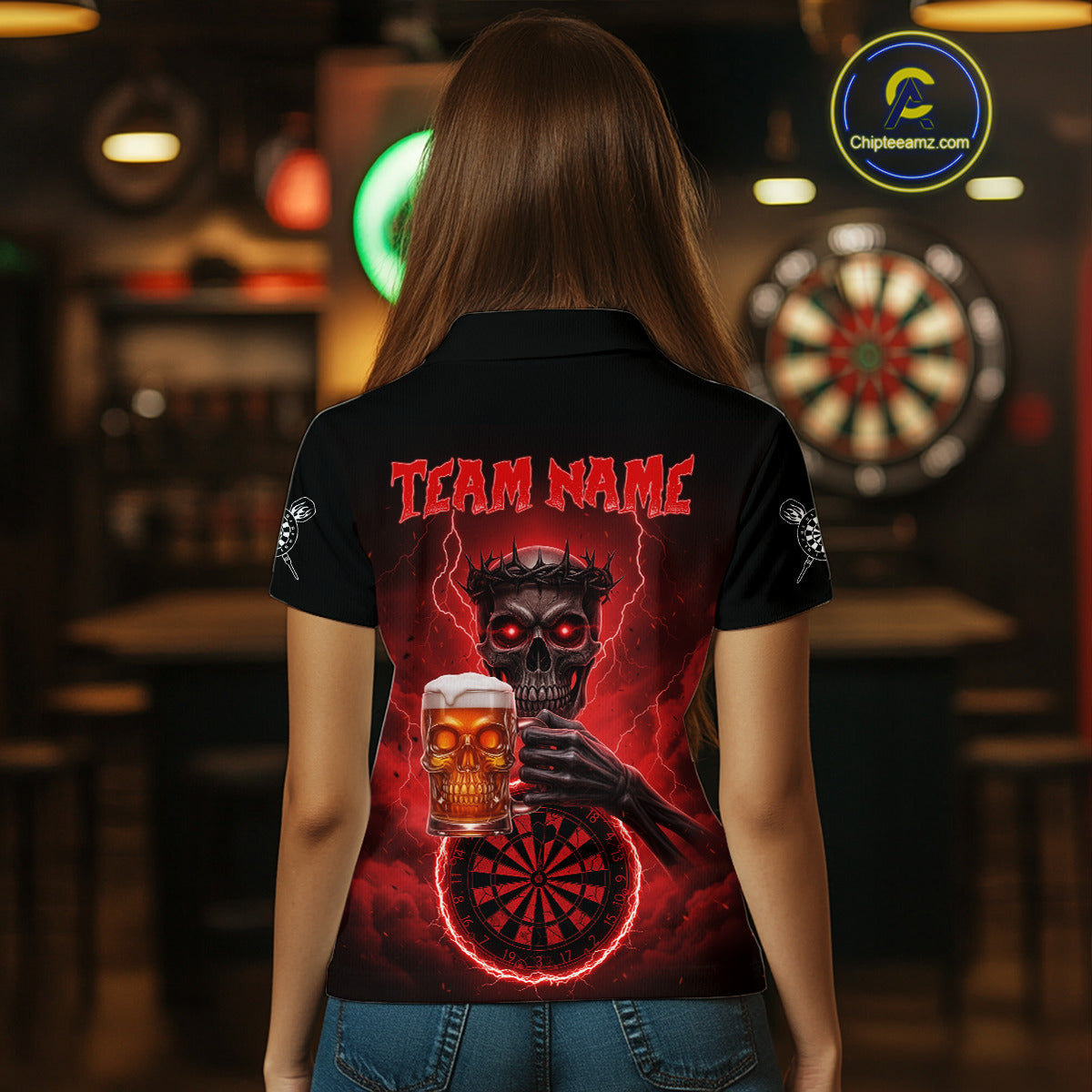 Custom Funny Skull And Beer Lightning Red Dartboard Dart Women Polo Jerseys Dart Team Shirts NYN1755