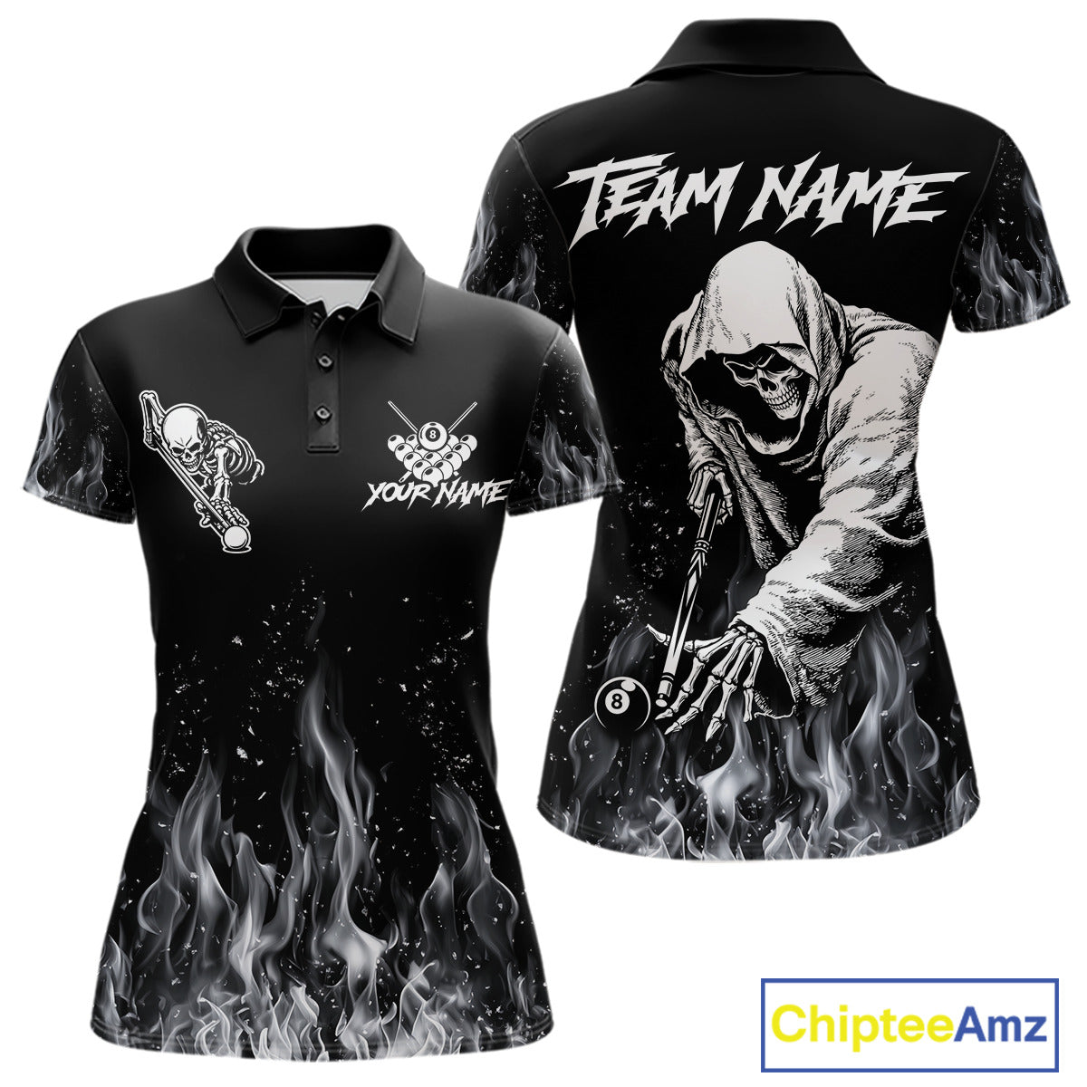 Grey Skeleton Play Pool Billiard Shirt For Women Custom Fire Flame Billiard Jersey, Billiards Gifts NYN3139