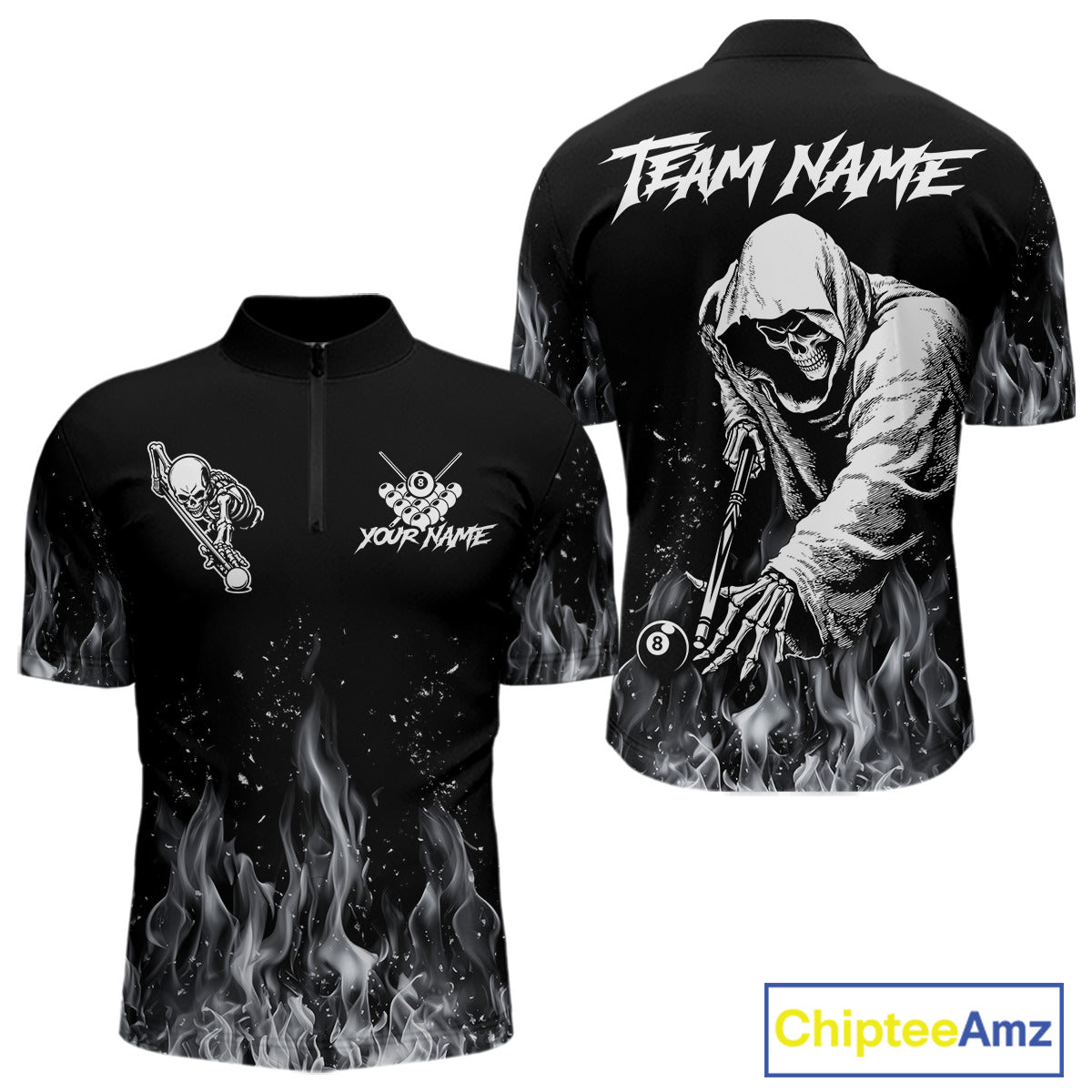Grey Skeleton Play Pool Billiard Shirt For Men Custom Fire Flame Billiard Jersey, Billiards Gifts NYN3139
