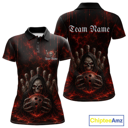 Custom Red Thunder Grim Reaper Women's Bowling Polo Shirt, Personalized Skull Bowling Team Jersey, Lightning Bowling League Apparel, Performance Polo, Gothic Sportswear, Halloween Theme, Victory, Strength, Precision, Bowling Tournament Uniform