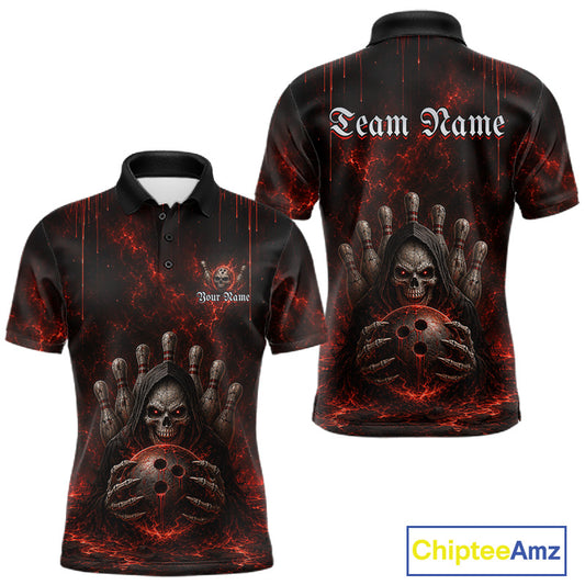 Custom Red Thunder Grim Reaper Men's Bowling Polo Shirt, Skull Bowling Team Jersey, Lightning League Apparel, Personalized Tournament Performance Shirt, Gothic Athletic Uniform