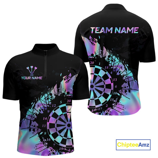 Purple Holographic Dartboard Grunge Dart Quarter-Zip  Shirts For Men Custom Name For Darters NYN2282