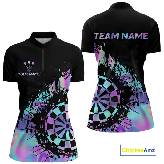 Purple Holographic Dartboard Grunge Dart Quarter-Zip Shirts For Women Custom Name For Darters NYN2282
