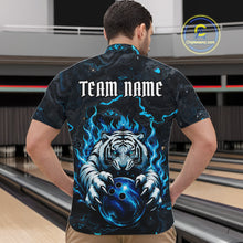 Load image into Gallery viewer, Male bowler wearing Black and Blue Flame Tiger bowling ball jersey, custom bowling league team shirt