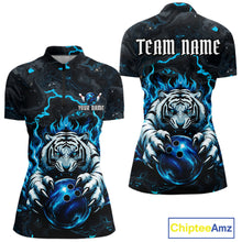 Load image into Gallery viewer, Black and Blue Flame Tiger bowling ball women's quarter zip bowling shirt, custom tiger bowling team uniform, personalized bowling jersey