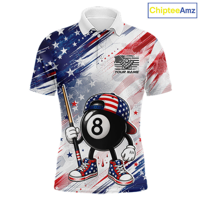 Custom Funny 8 Ball Billiard Polo Shirt For Men, Grunge Red White Blue US Flag Pool Team Jersey, Personalized Billiard League Polo, 8 Ball Pool Player Apparel