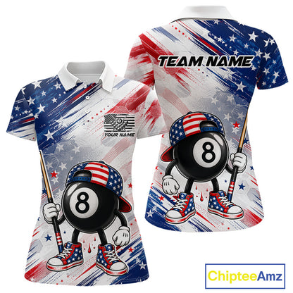 Personalized Grunge US Flag Funny 8 Ball women's billiard polo shirt custom patriotic pool team jersey