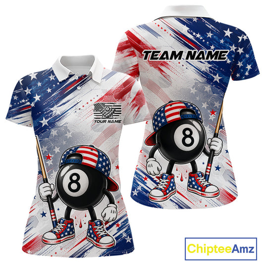 Personalized Grunge US Flag Funny 8 Ball women's billiard polo shirt custom patriotic pool team jersey