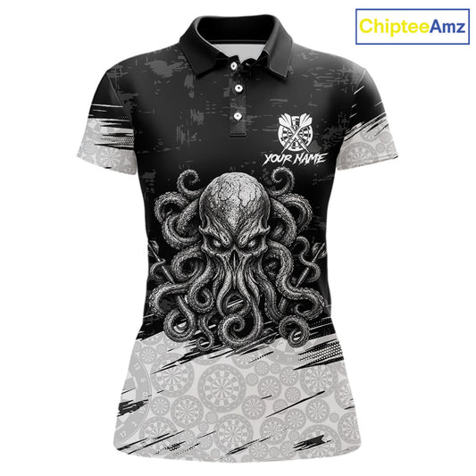 White Black Octopus Dartboard Women's Dart Polo Shirt, Personalized Funny Octopus Dart Team Jersey, Marine Theme Performance Polo