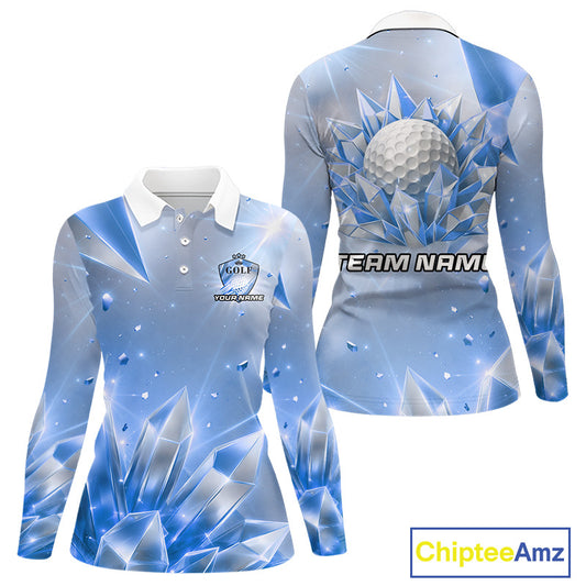 Women Golf Polo Shirt Custom Blue-Diamond Crystal Golf Ball Custom Name Golf Shirts For Team NYN3156