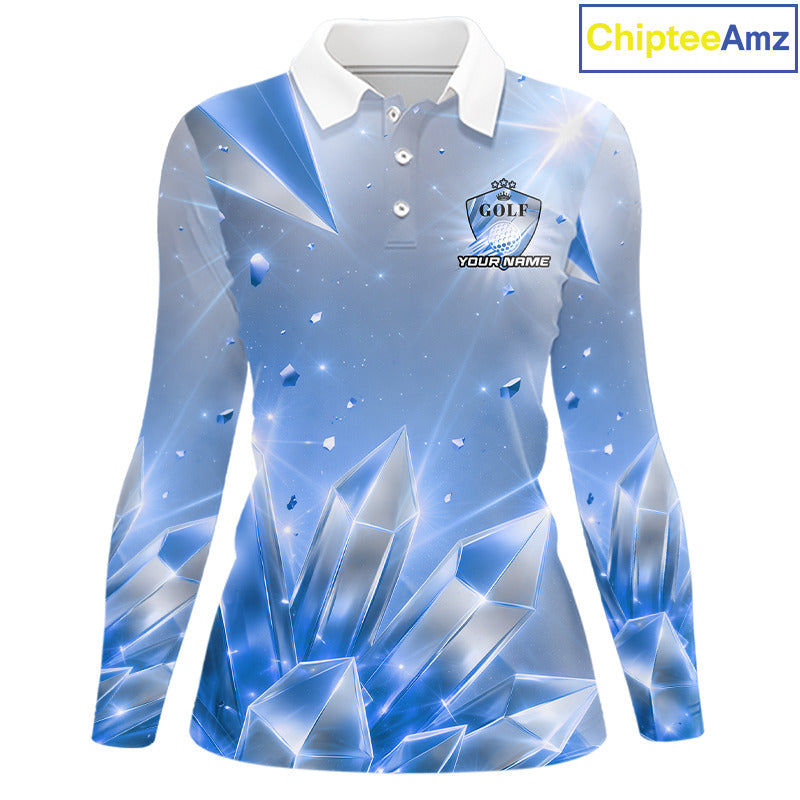 Women Golf Polo Shirt Custom Blue-Diamond Crystal Golf Ball Custom Name Golf Shirts For Team NYN3156