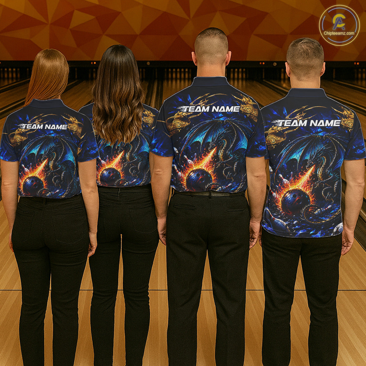 Blue And Gold Dragon Bowling Shirt For Women Custom Fire Flame Polo 1/4-Zip Bowling Team Jersey NYN3644