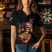 Load image into Gallery viewer, Personalized US Flag Skull Fire Flame Dartboard Women Darts Polo Shirt Custom Darts Team Jersey NYN2585