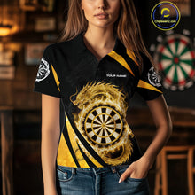 Load image into Gallery viewer, Gold Flames Dragon Dartboard Women Darts Polo Shirt Custom Dragon Team Dart League Shirt NYN2068