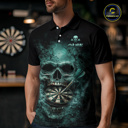 Cracked Grunge Teal Smokes Skull Dartboard Men Darts Polo Shirt Personalized Darts Team Jerseys NYN2598