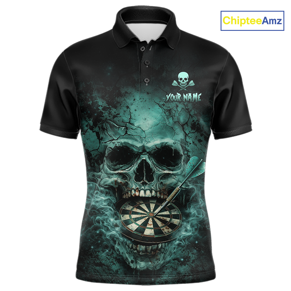 Cracked Grunge Teal Smokes Skull Dartboard Men Darts Polo Shirt Personalized Darts Team Jerseys NYN2598