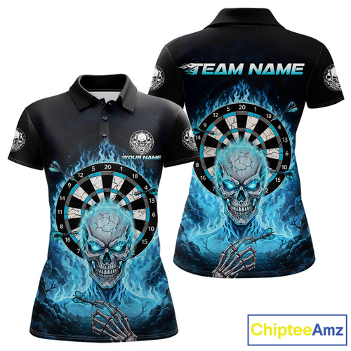Black Blue Flaming Skeleton Darts Custom Women's Dart Polo Shirts Team Dart League Jerseys NYN2073