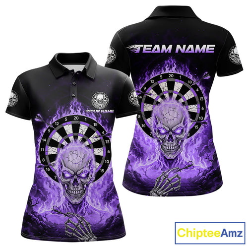 Black Purple Flaming Skeleton Darts Custom Women's Dart Polo Shirts Team Dart League Jerseys NYN2074