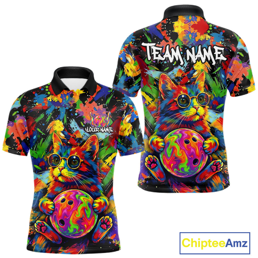 Funny Cat Colorful Paint Bowling Team Jerseys For Men Custom Splatter Bowling Polo 1/4-Zip Shirt NYN3167