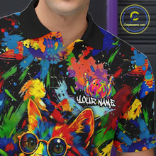 Load image into Gallery viewer, Funny Cat Colorful Paint Bowling Team Jerseys For Men Custom Splatter Bowling Polo 1/4-Zip Shirt NYN3167