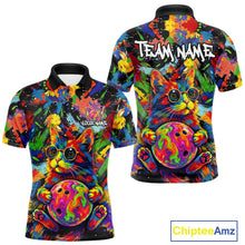 Load image into Gallery viewer, Funny Cat Colorful Paint Bowling Team Jerseys For Men Custom Splatter Bowling Polo 1/4-Zip Shirt NYN3167