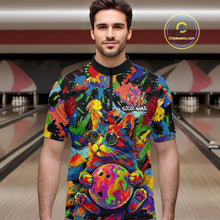 Load image into Gallery viewer, Funny Cat Colorful Paint Bowling Team Jerseys For Men Custom Splatter Bowling Polo 1/4-Zip Shirt NYN3167