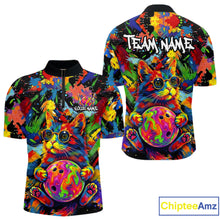 Load image into Gallery viewer, Funny Cat Colorful Paint Bowling Team Jerseys For Men Custom Splatter Bowling Polo 1/4-Zip Shirt NYN3167