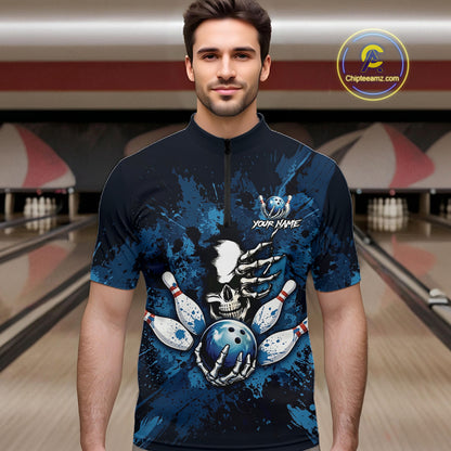 Blue Skelton Torn Bowling Ball & Pin Jerseys For Men Custom Splatter Paint Bowling Team Attire NYN3171