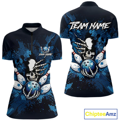 Blue Skelton Torn Bowling Ball & Pin Jerseys For Women Custom Splatter Paint Bowling Team Attire NYN3171