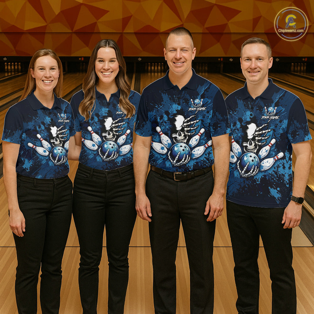 Blue Skelton Torn Bowling Ball & Pin Jerseys For Men Custom Splatter Paint Bowling Team Attire NYN3171