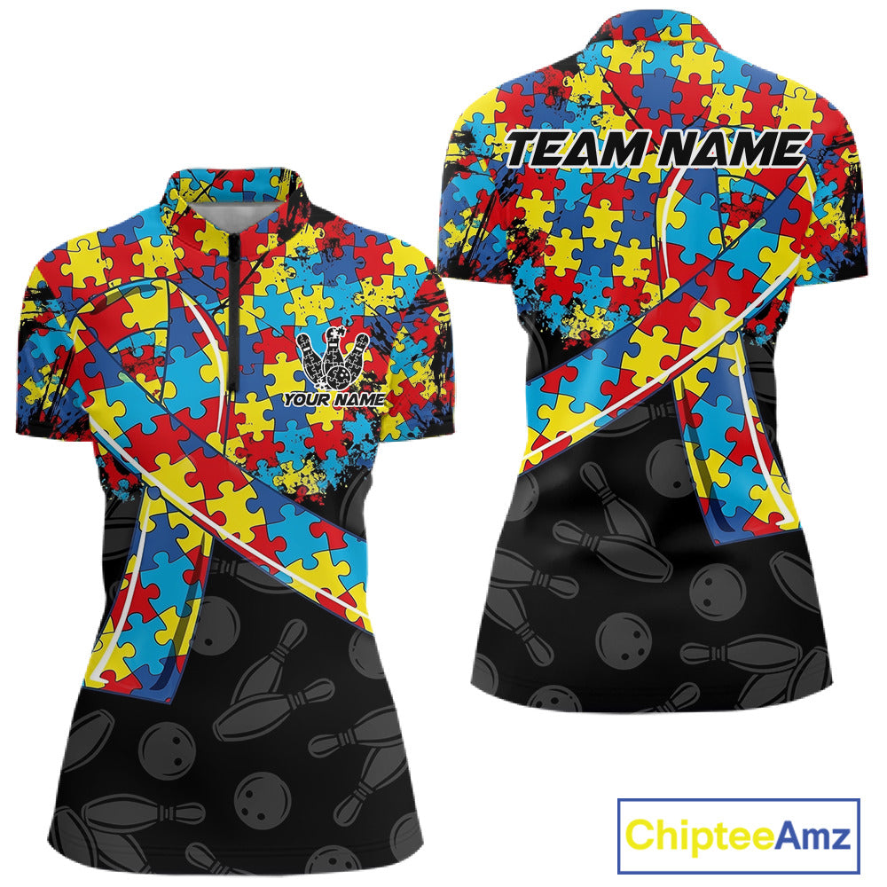 Personalized Colorful Autism Awareness Ribbon Bowling Shirt For Women Bowling Puzzles Team Jersey NYN3173