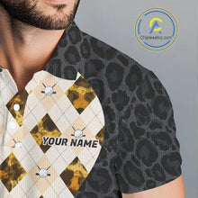 Load image into Gallery viewer, Black Leopard Mens Golf Polo Shirt Personalized Yellow Argyle Pattern Golf Team Outfits NYN3395
