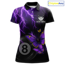 Load image into Gallery viewer, Women's billiard polo featuring neon butterflies, purple thunder and realistic 8 ball graphics, custom pool shirt for league play, tournaments, billiard clubs, fantasy art fans and modern sports fashion
