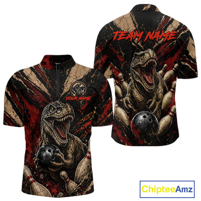 Men's dinosaur retro bowling quarter-zip, custom bowling league shirt, vintage bowling uniform