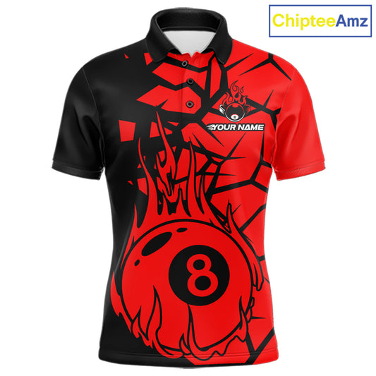 Black And Red Cracked Flaming Pool 8 Ball Men Billiard Shirt Custom Ball Billiard Team Attire NYN2625