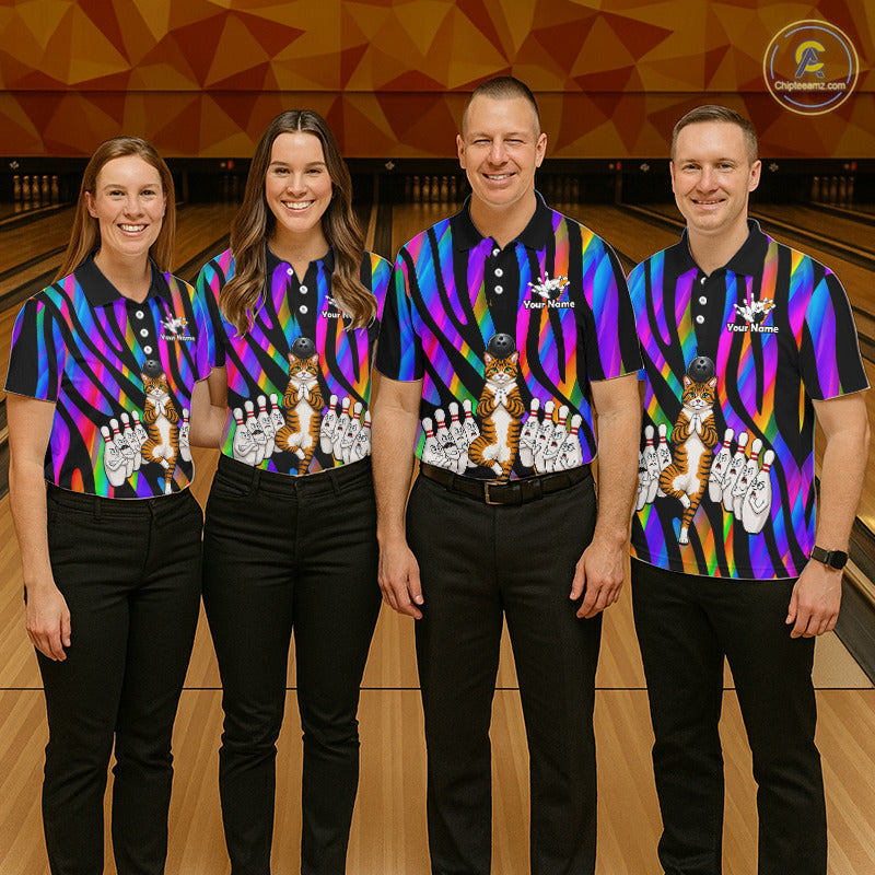 Rainbow Holographic Bowling Polo 1/4-Zip Shirts For Women Custom Funny Cat Bowling Pins Team Shirt NYN3930