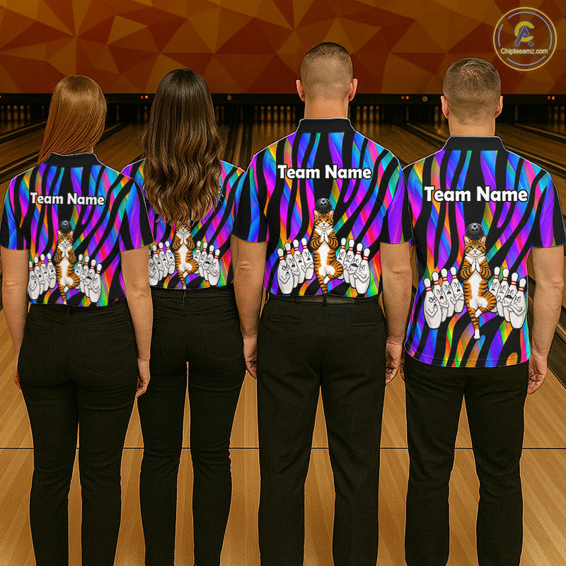 Rainbow Holographic Bowling Polo 1/4-Zip Shirts For Women Custom Funny Cat Bowling Pins Team Shirt NYN3930