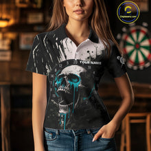 Load image into Gallery viewer, Custom Black Turquoise Dripping Skull Dartboard Dart Women Polo Shirt Grunge Dart Jerseys NYN1564