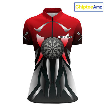Red And Gradient Silver Darts Polo & 1/4-Zip Shirt For Women Custom Name Dart Jersey For Darters NYN3003