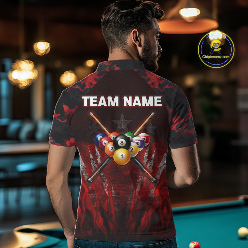 Personalized Gunge 8 Ball Pool Billiard Polo & 1/4 Zip For Men Custom Red Camoflage Billiard Attire NYN3017