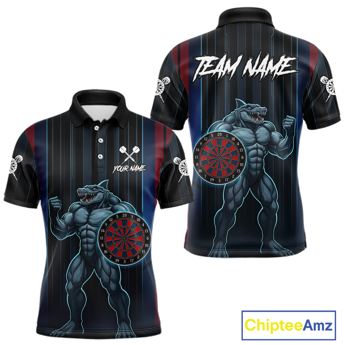 Funny Blue & Red Shark Dartboard Custom Men Darts Polo Shirt Dart Tournament Jerseys NYN1905